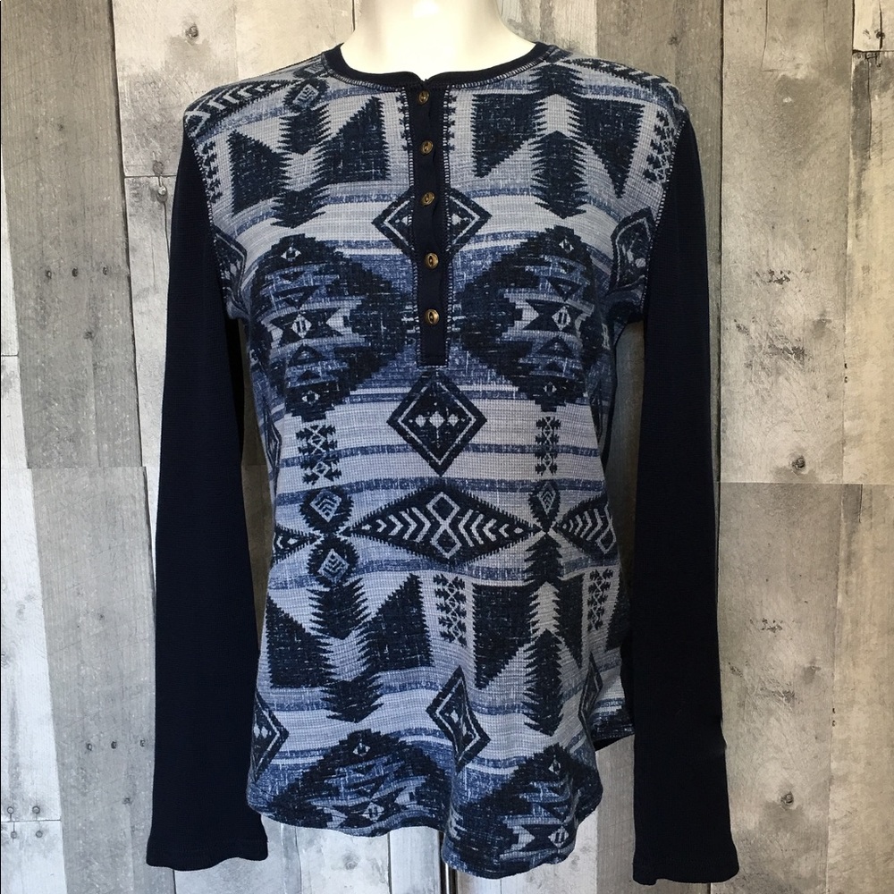 Chaps Blue Tribal Design Half-Button Down Shirt